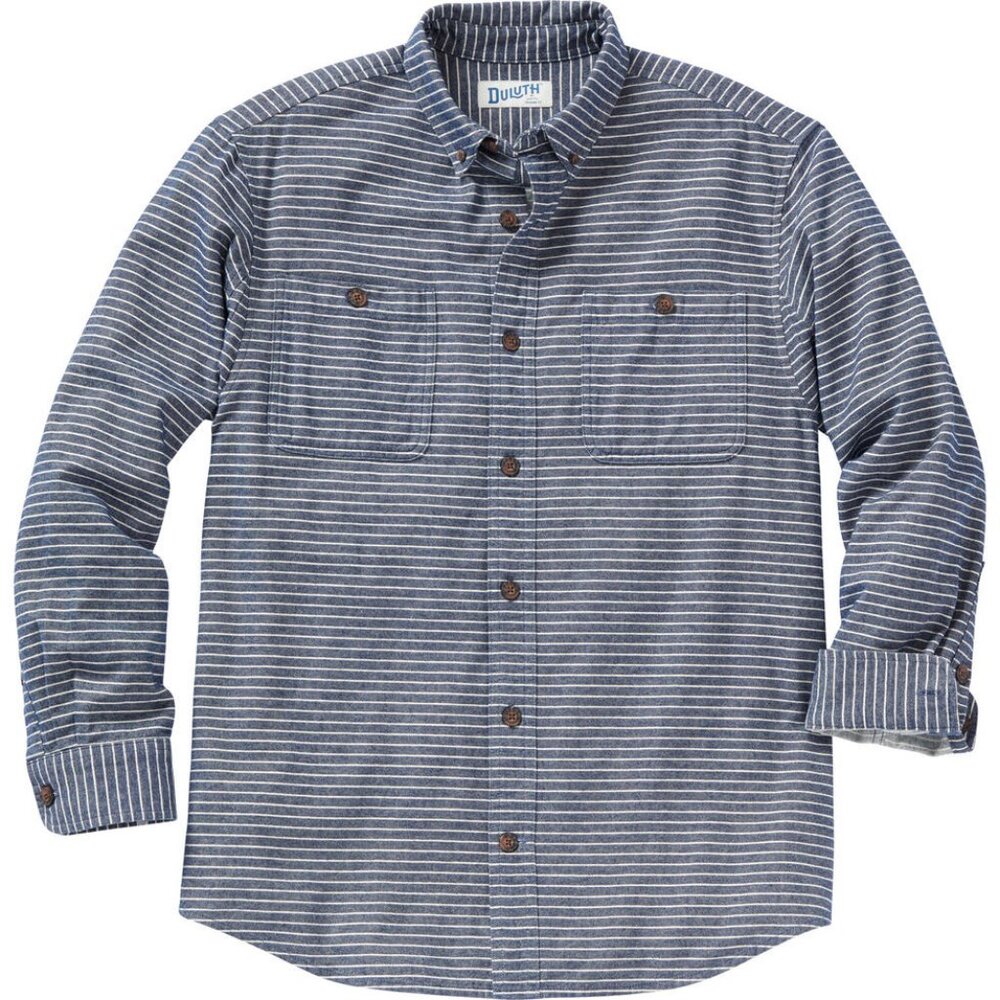 Duluth Trading Shirt Mens Large Free Swingin Flannel Slim Fit Abyss Blue Stripe